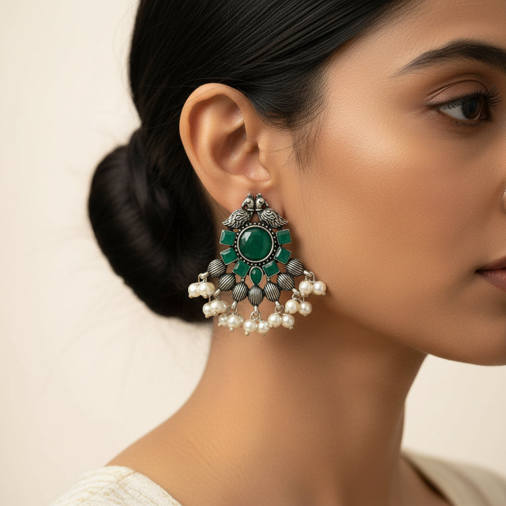 Gulratan Antique Pearl Drop Brooch Earring (Green)