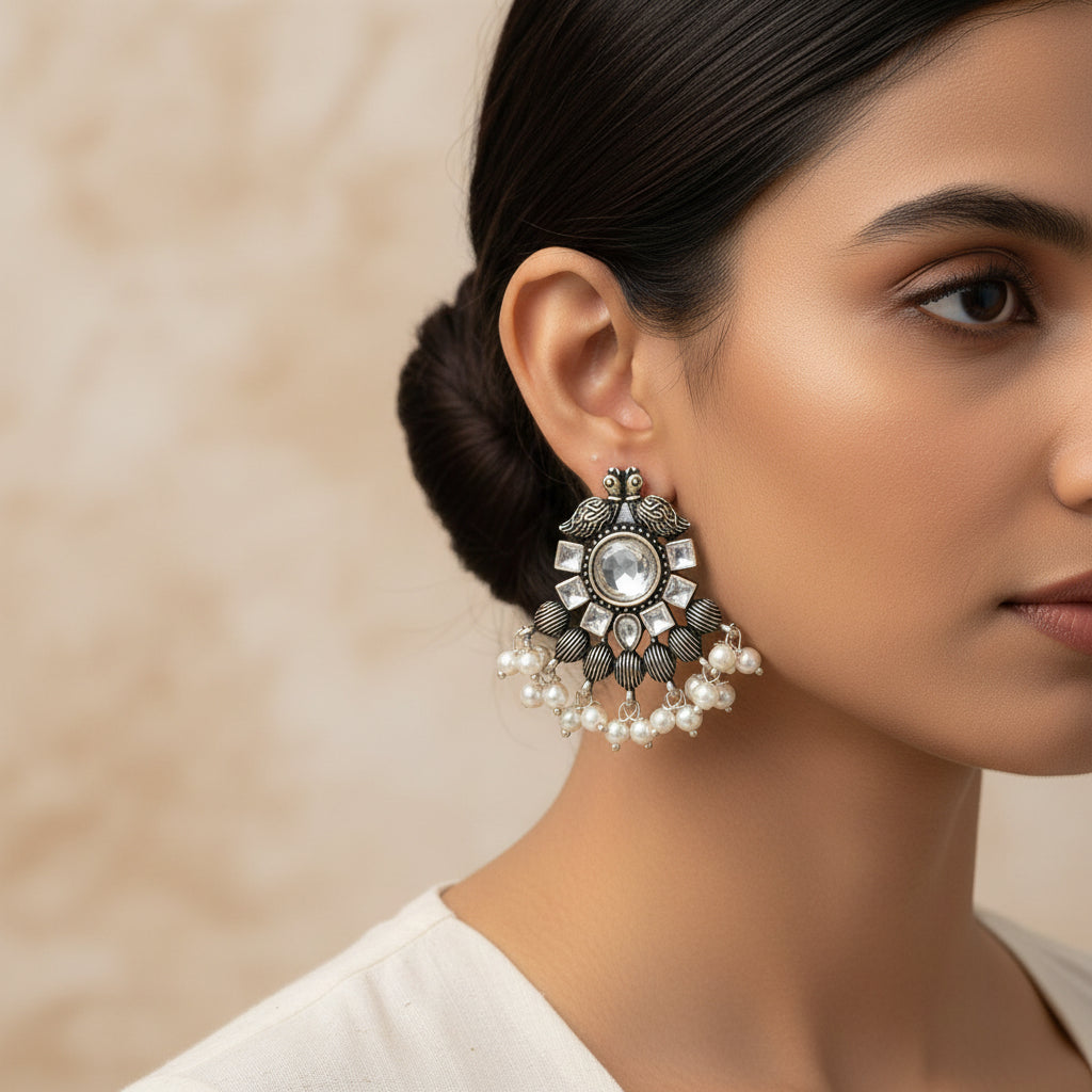 Gulratan Antique Pearl Drop Brooch Earring (White)