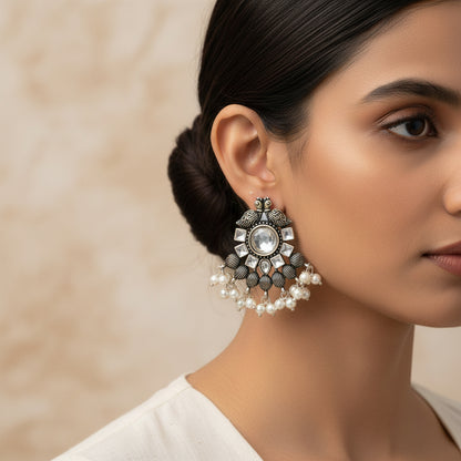 Gulratan Antique Pearl Drop Brooch Earring (White)