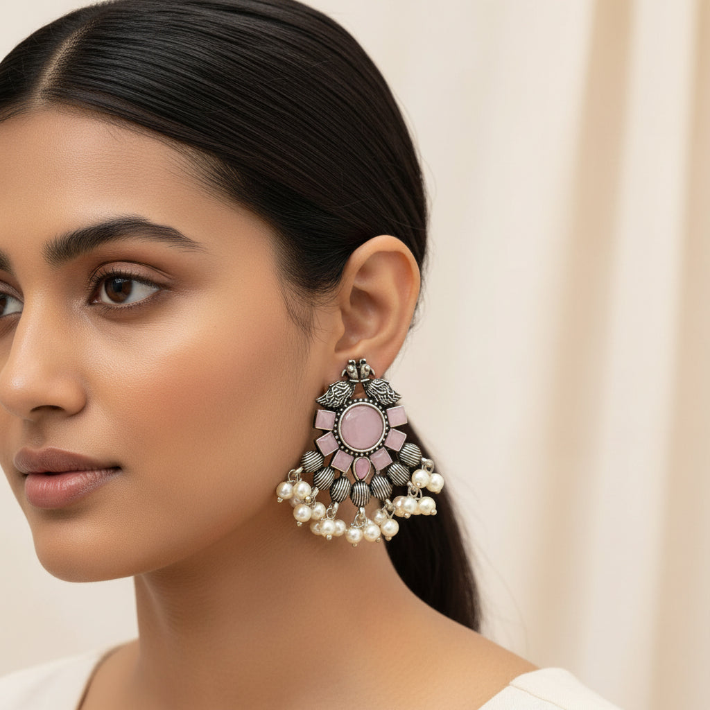Gulratan Antique Pearl Drop Brooch Earring (Baby Pink)