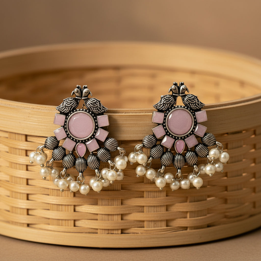 Gulratan Antique Pearl Drop Brooch Earring (Baby Pink)