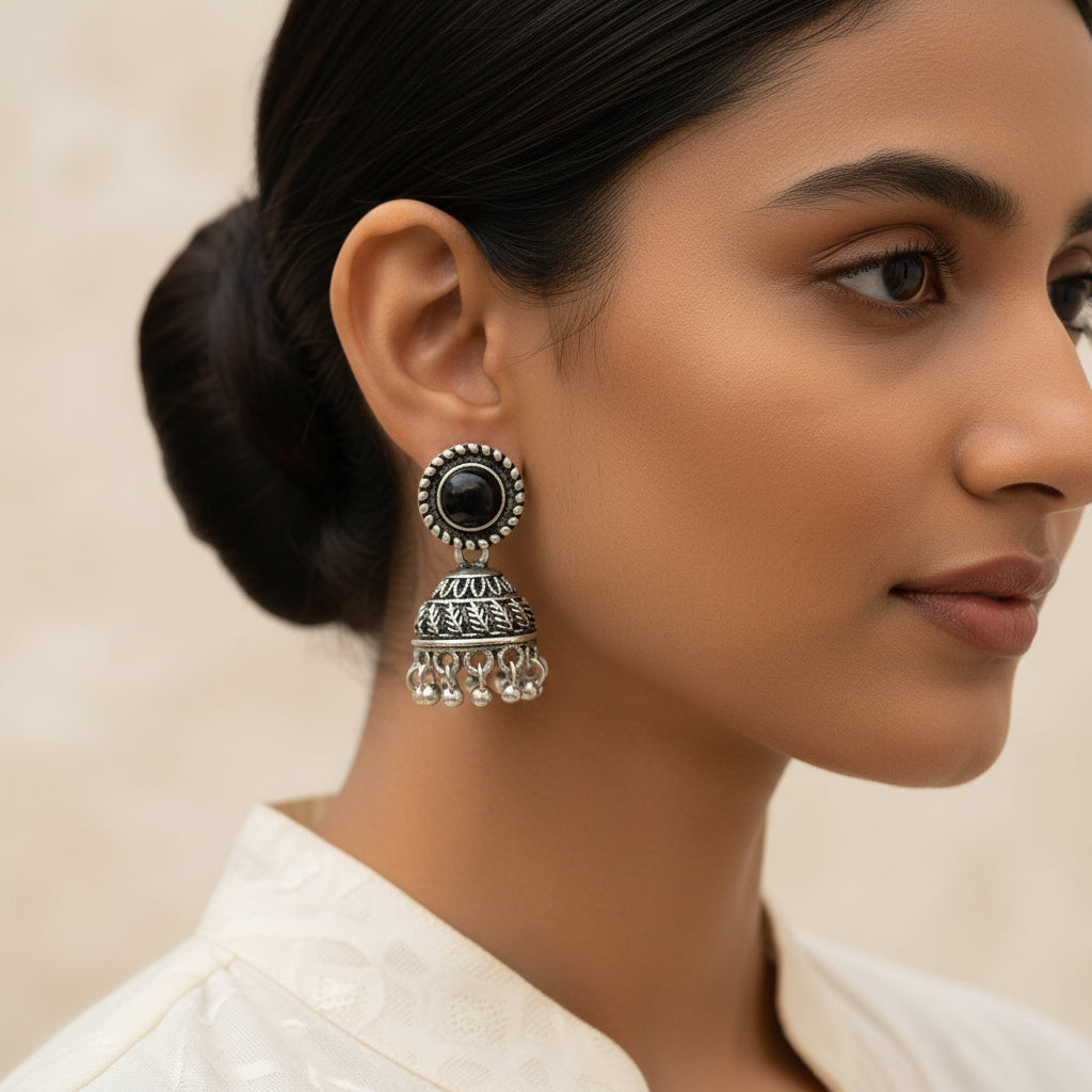 Black Stone Oxidized Jhumki Earrings (Black)