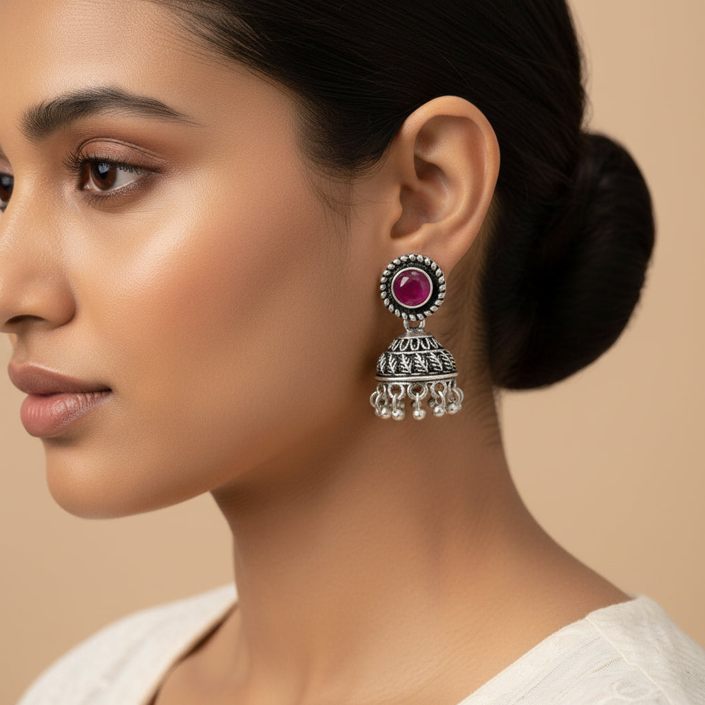Red Stone Oxidized Jhumki Earrings