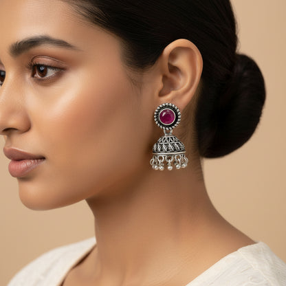 Red Stone Oxidized Jhumki Earrings