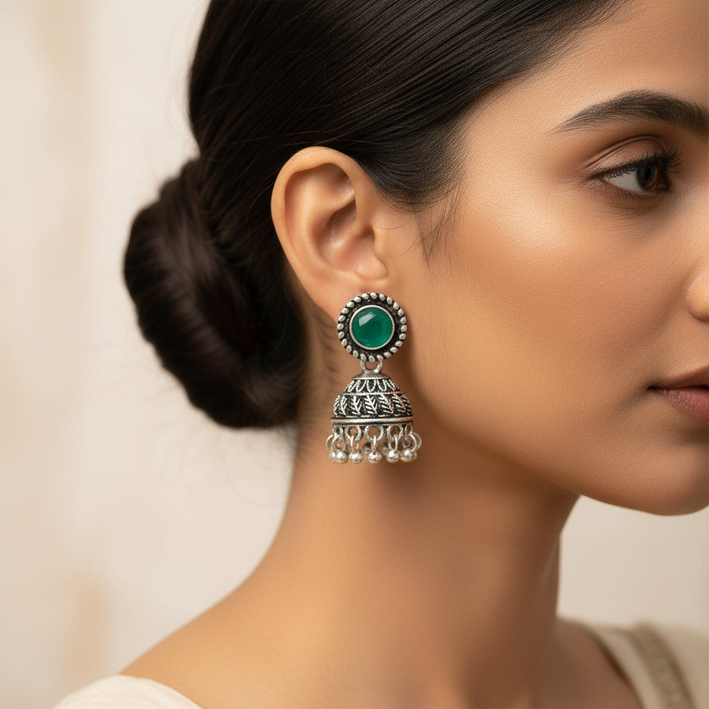 Green Stone Oxidized Jhumki Earrings (Green)
