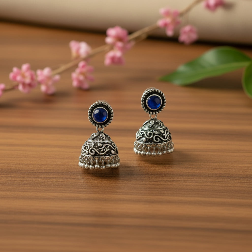 Blue Stone Oxidized Jhumki Earrings