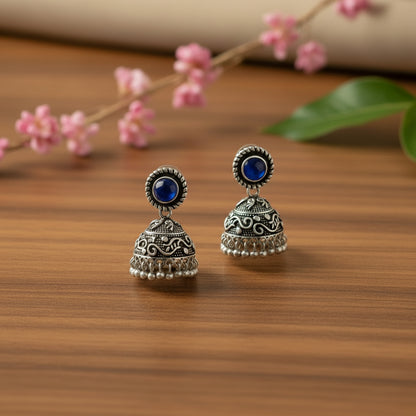 Blue Stone Oxidized Jhumki Earrings