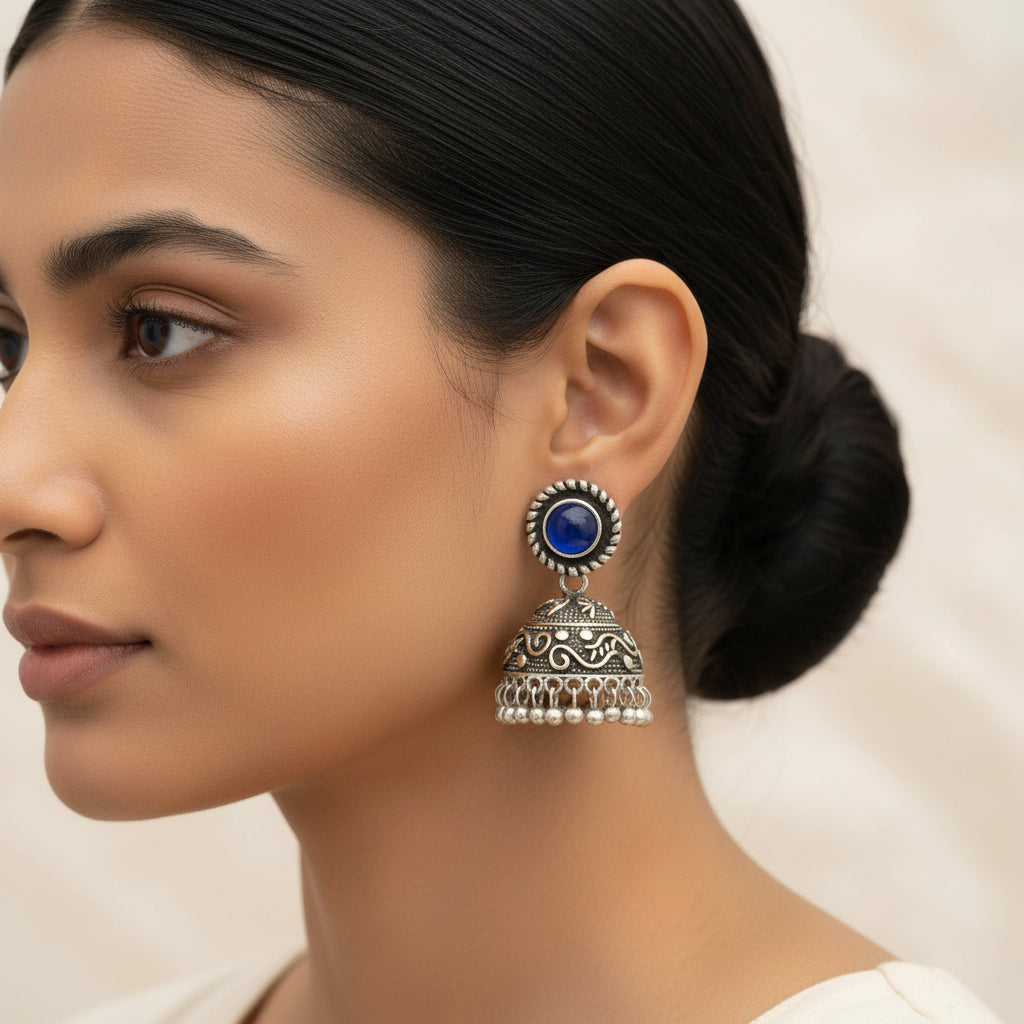 Blue Stone Oxidized Jhumki Earrings