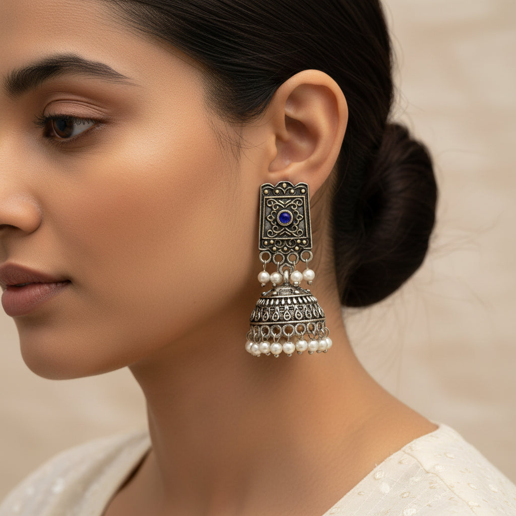 Square stud oxidized jhumka earrings with blue stone