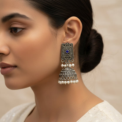 Square stud oxidized jhumka earrings with blue stone
