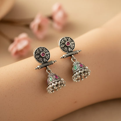 Oxidized antique floral jhumka earrings with multicolor stones