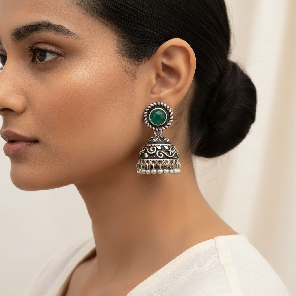 Green Stone Oxidized Jhumki Earrings (Green)