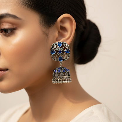 oxidized floral jhumka earrings with Blue stone detailing.