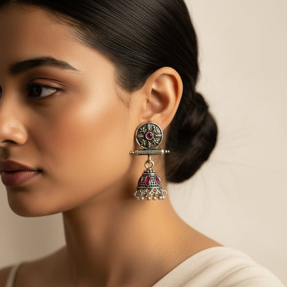 Oxidized antique floral jhumka earrings with Red stones