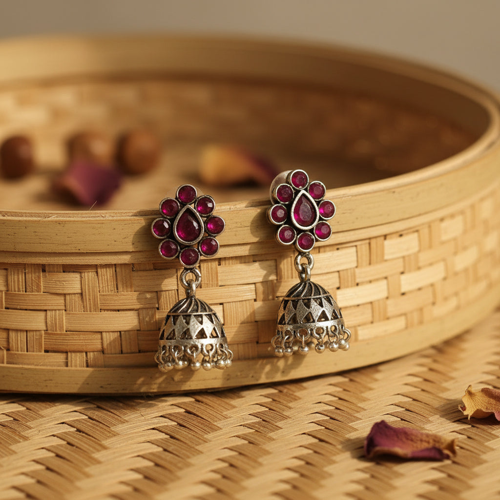 Oxidized Red Stone Floral Stud Jhumka Earrings