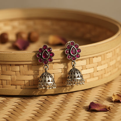 Oxidized Red Stone Floral Stud Jhumka Earrings