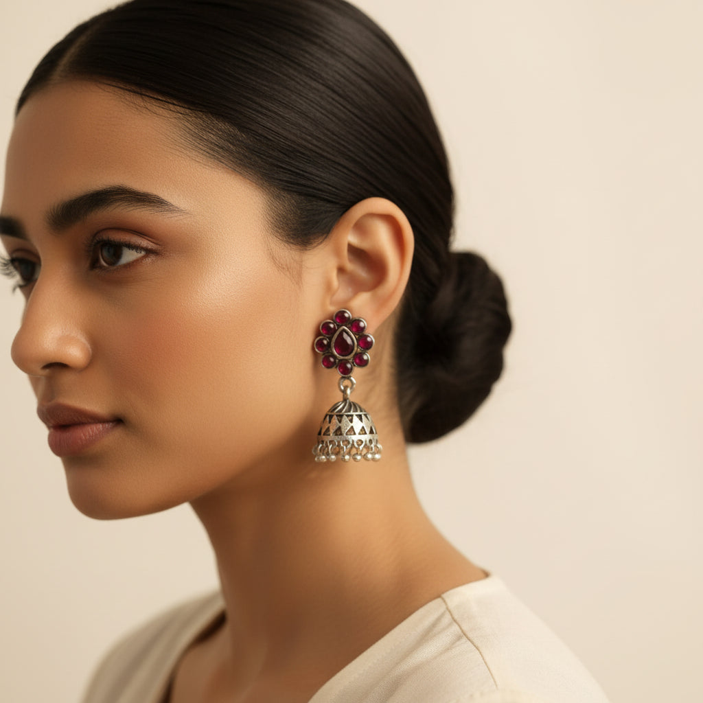 Oxidized Red Stone Floral Stud Jhumka Earrings