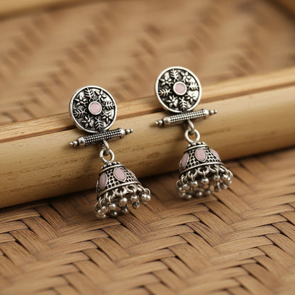 Oxidized antique floral jhumka earrings with Baby Pink stones