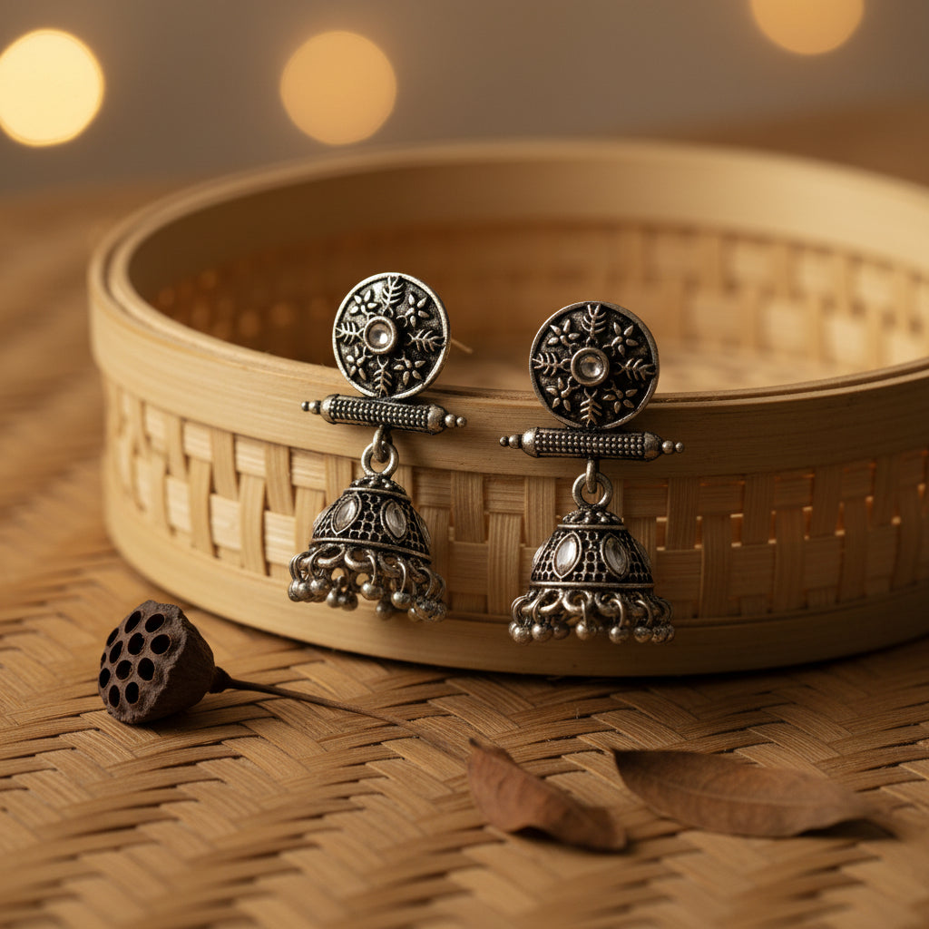 Oxidized antique floral jhumka earrings with White stones