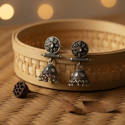 Oxidized antique floral jhumka earrings with White stones
