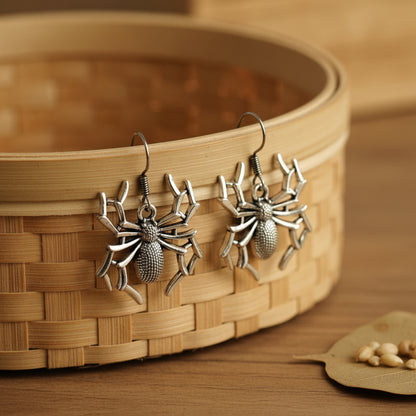 Silver Oxidised Spider Drop Earrings