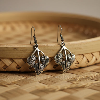Silver Oxidized Triple Leaf Shaped Dangle & Drop Earrings