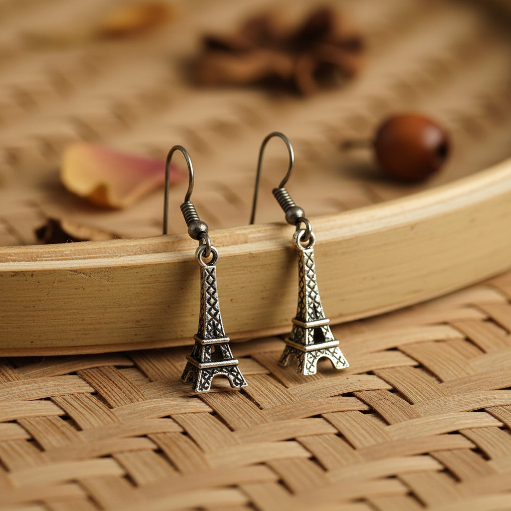 Oxidized Silver Eiffel Tower Dangle Earrings
