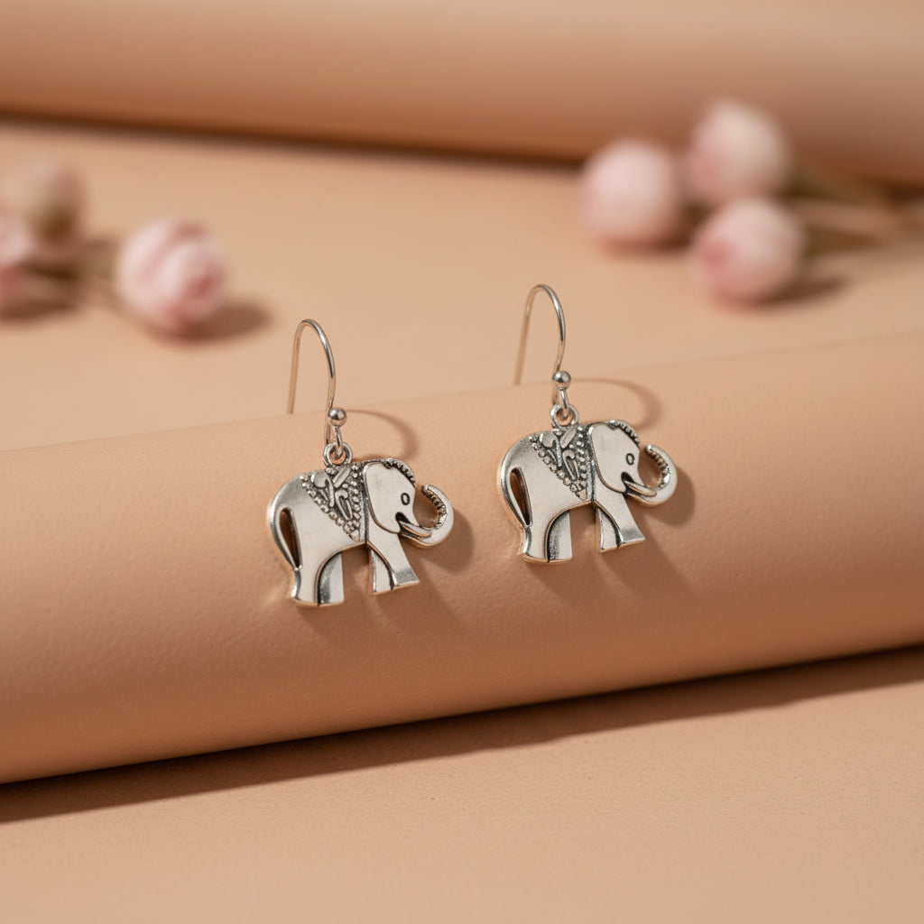 Oxidized Silver Elephant Drop Earrings for Women