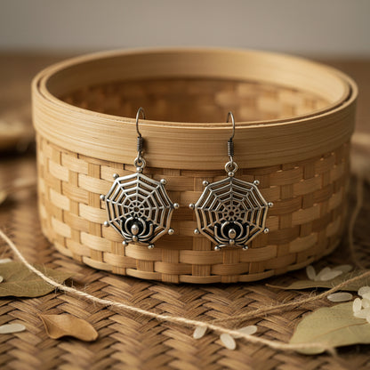 Gothic Antique Silver Spiderweb Dangle Hook Earrings