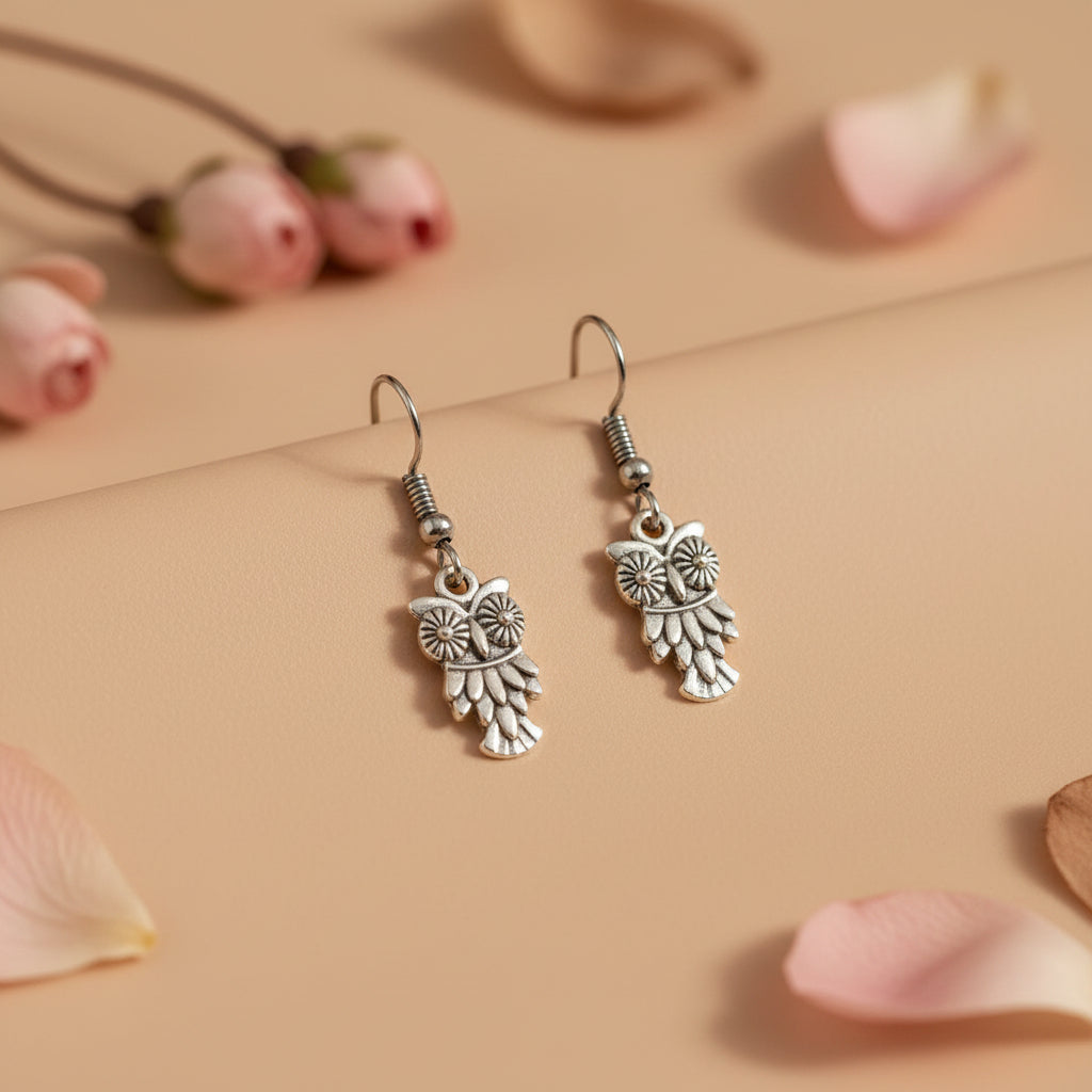Oxidized Silver-Plated Owl Shaped Drop Earrings for Women