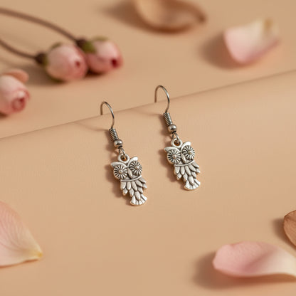 Oxidized Silver-Plated Owl Shaped Drop Earrings for Women