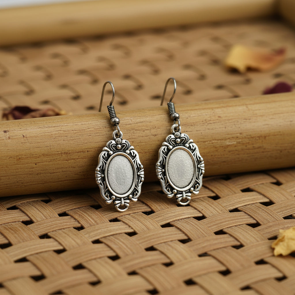 Oxidized Silver Vintage Oval Drop Earrings