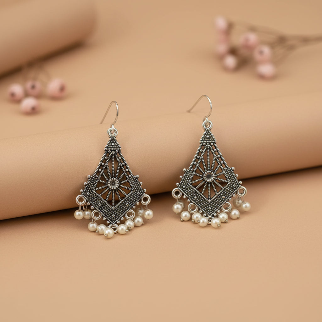 Oxidized Silver Geometric Rhombus Dangle Earrings for Women