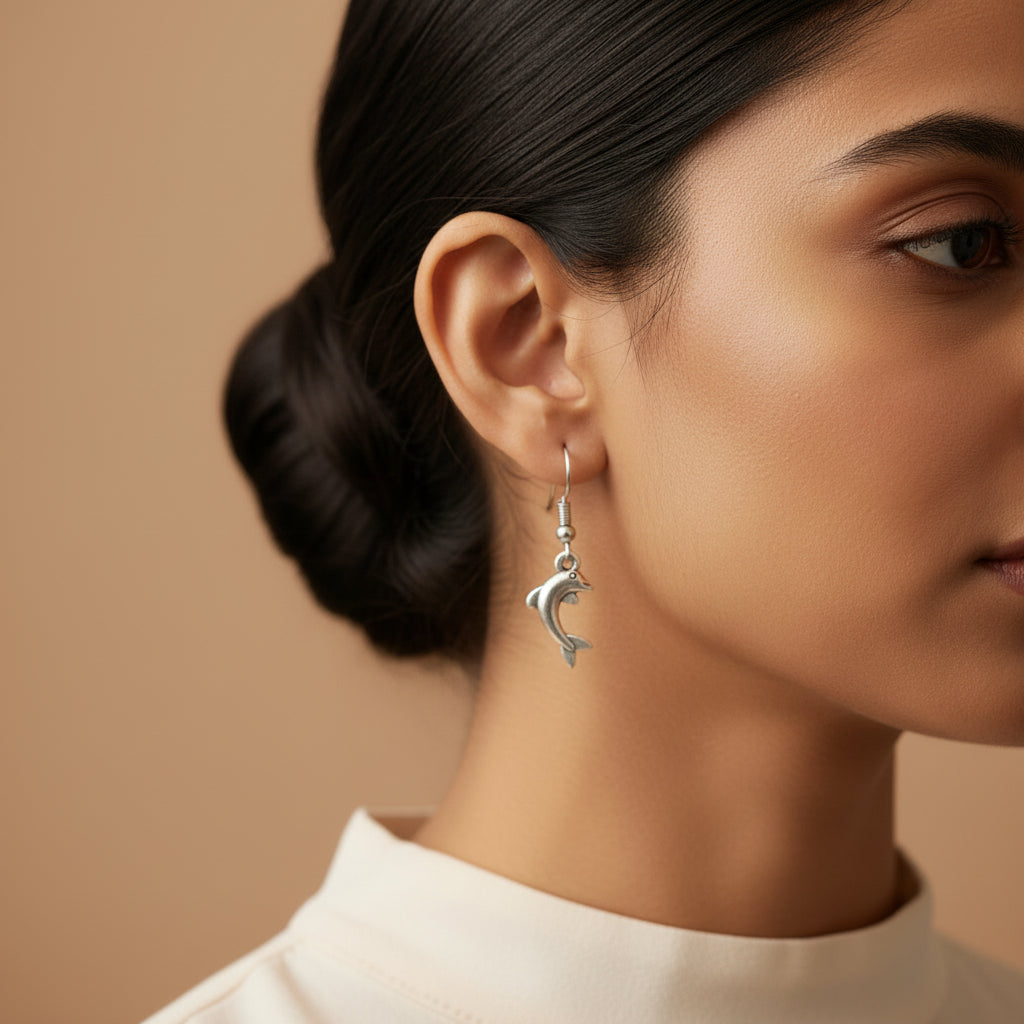 Silver-Toned Dolphin Shape Drop & Dangle Earring
