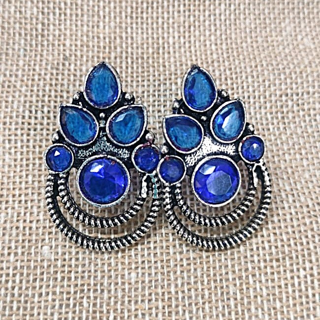 Crowned Rain Drop Stud Earrings - Blue