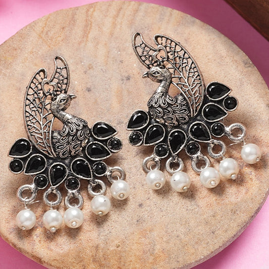 Black Stone Studded Peacock Earrings