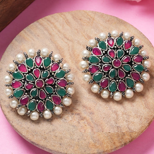 Multicolored Stone Studded Round Oxidised Studs With Embellished Pearls