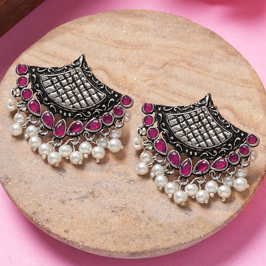 Red Stone Studded Lotus Petal Shaped Oxidised Earrings With Hanging Line Of Pearl