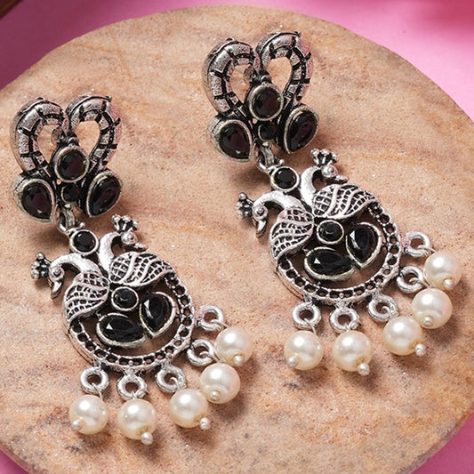 Black Stone Studded Delicate Oxidised Earrings With Hanging Pearls