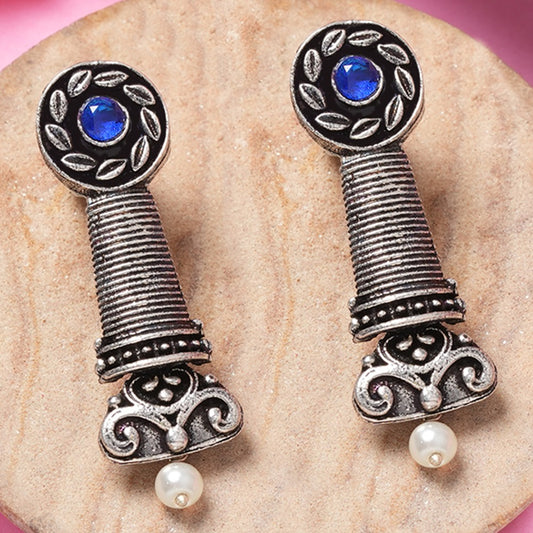 Blue Stone Studded Delicate Oxidised Earrings With Hanging Pearl