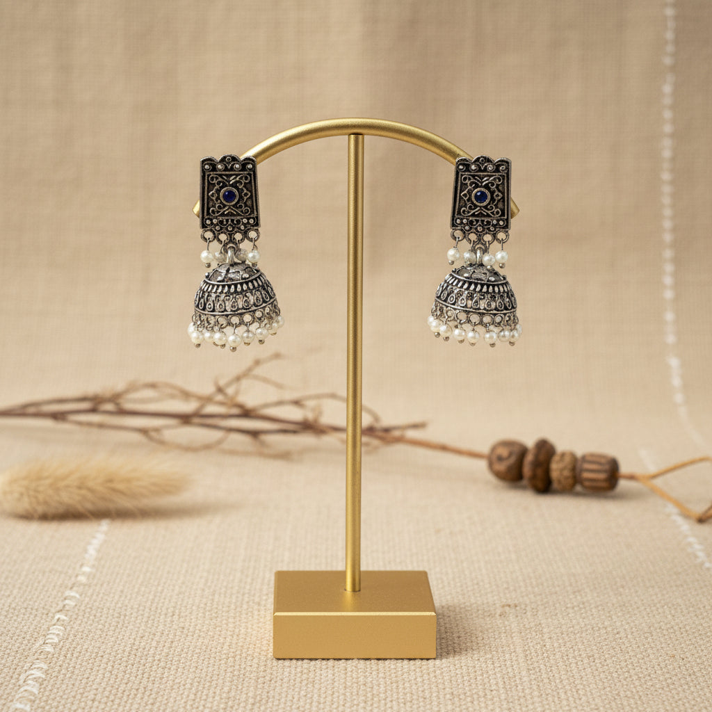 Square stud oxidized jhumka earrings with blue stone