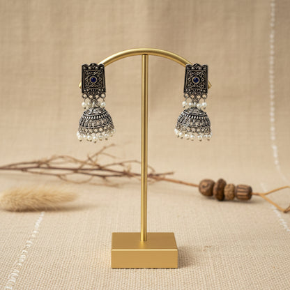 Square stud oxidized jhumka earrings with blue stone