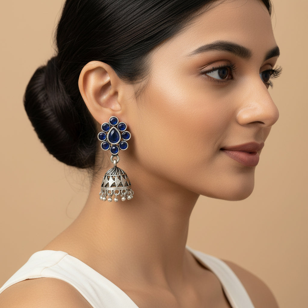 Oxidized Blue Stone Floral Stud Jhumka Earrings
