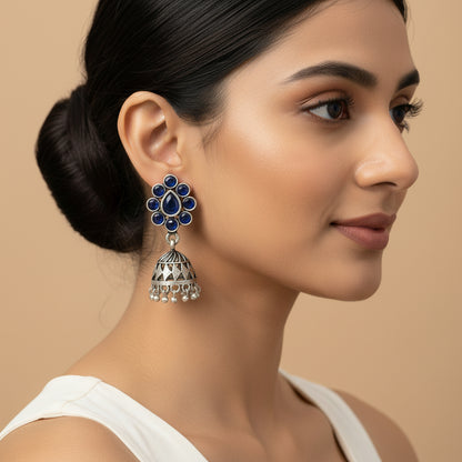 Oxidized Blue Stone Floral Stud Jhumka Earrings