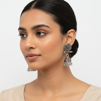 Oxidized antique floral jhumka earrings with multicolor stones