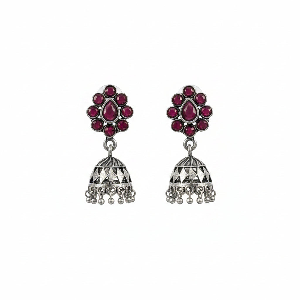 Oxidized Red Stone Floral Stud Jhumka Earrings