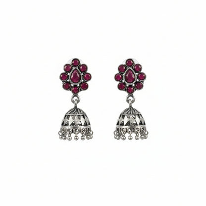 Oxidized Red Stone Floral Stud Jhumka Earrings