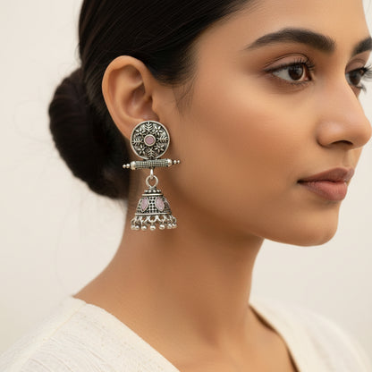 Oxidized antique floral jhumka earrings with Baby Pink stones