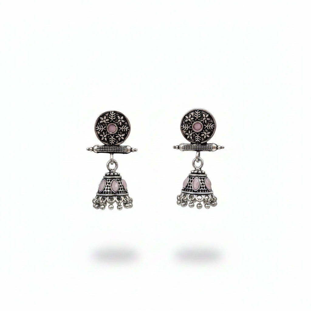 Oxidized antique floral jhumka earrings with Baby Pink stones