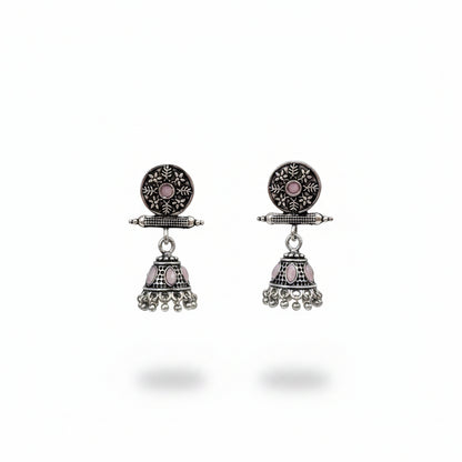 Oxidized antique floral jhumka earrings with Baby Pink stones